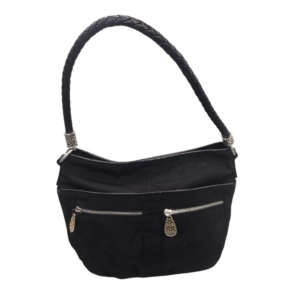 Brighton Purse Black Nylon Patent Leather Trim Hobo Shoulder Bag Braided Strap